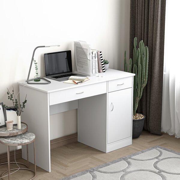 HOMCOM Scrivania Moderna per PC e Computer con 2 Cassetti e 1 Armadietto per Ufficio o Camera in Legno Bianco|Aosom