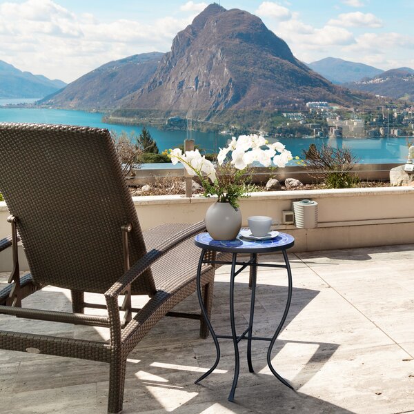 Outsunny Tavolino da Giardino Rotondo in Metallo con Piano in Ceramica, Design a Mosaico, Ф35.5x53.5cm, Blu e Bianco|Aosom