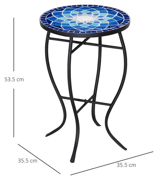 Outsunny Tavolino da Giardino Rotondo in Metallo con Piano in Ceramica, Design a Mosaico, Ф35.5x53.5cm, Blu e Bianco|Aosom