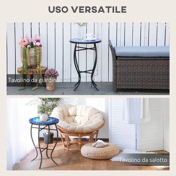 Outsunny Tavolino da Giardino Rotondo in Metallo con Piano in Ceramica, Design a Mosaico, Ф35.5x53.5cm, Blu e Bianco|Aosom