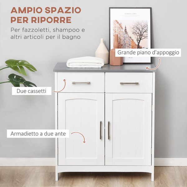 Kleankin Mobile Bagno Salvaspazio Slim con 2 Ante, Mobiletto con 2 Cassetti e Ripiano Regolabile in MDF, 68x33x76cm, Bianco|Aosom Italy