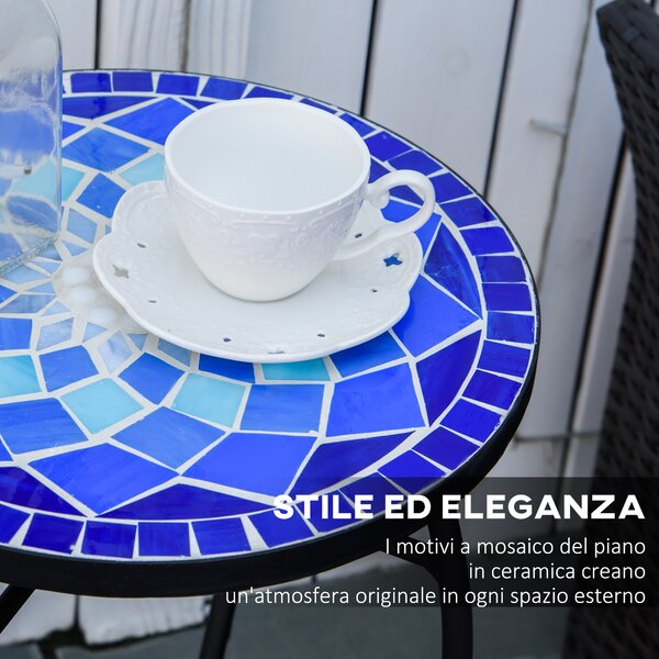 Outsunny Tavolino da Giardino Rotondo in Metallo con Piano in Ceramica, Design a Mosaico, Ф35.5x53.5cm, Blu e Bianco|Aosom