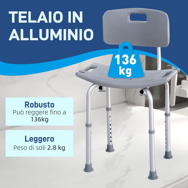 HOMCOM Sedia da Doccia per Bagno in Alluminio e Plastica Altezza Regolabile 8 Livelli 71-88cm Piedini Antiscivolo|Aosom