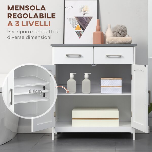 Kleankin Mobile Bagno Salvaspazio Slim con 2 Ante, Mobiletto con 2 Cassetti e Ripiano Regolabile in MDF, 68x33x76cm, Bianco|Aosom Italy