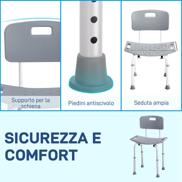HOMCOM Sedia da Doccia per Bagno in Alluminio e Plastica Altezza Regolabile 8 Livelli 71-88cm Piedini Antiscivolo|Aosom