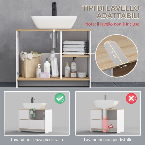 Kleankin Mobile Bagno Sottolavabo con Armadietto e 2 Mensole in Legno Truciolare, 77 x 45 x 60cm, Bianco e Color Legno|Aosom
