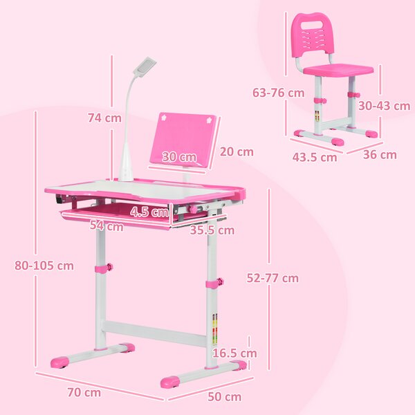 HOMCOM Banco Scuola con Sedia per Bambini 6-12 Anni con Altezza Regolabile, Piano Inclinabile a 45° e Lampada LED, in Acciaio e MDF, Rosa|Aosom