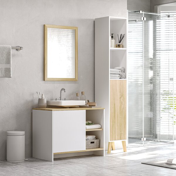 Kleankin Mobile Bagno Sottolavabo con Armadietto e 2 Mensole in Legno Truciolare, 77 x 45 x 60cm, Bianco e Color Legno|Aosom
