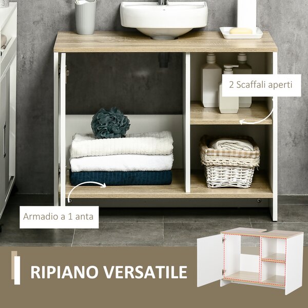 Kleankin Mobile Bagno Sottolavabo con Armadietto e 2 Mensole in Legno Truciolare, 77 x 45 x 60cm, Bianco e Color Legno|Aosom