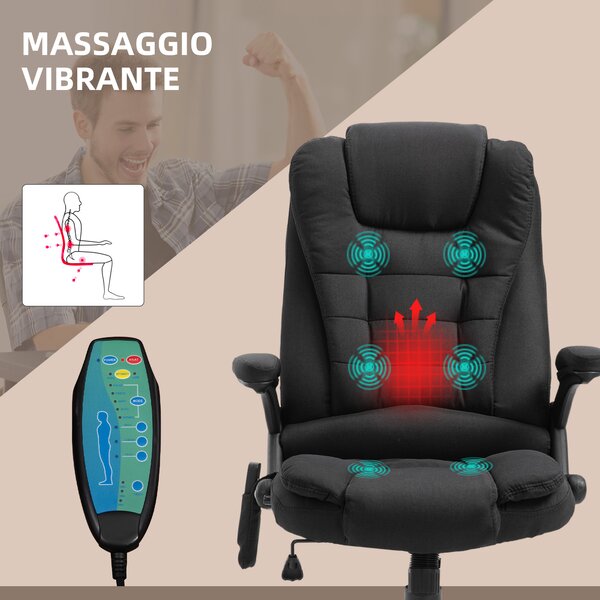 Vinsetto Poltrona da Ufficio Massaggiante Riscaldante con Altezza Regolabile, Schienale Inclinabile, in Tessutto Effetto Lino, Nero | Aosom
