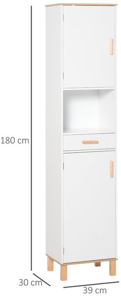 Kleankin Mobile Salvaspazio Bagno in Legno Bianco, Mobile a Colonna con Armadietti e Cassetto 39x30x180cm|Aosom