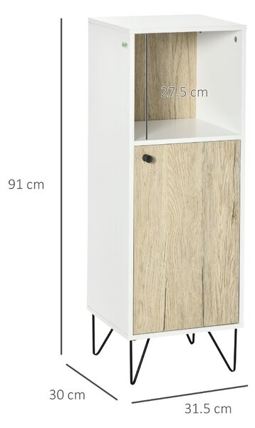 Kleankin Mobile Bagno con Ripiano Aperto e Armadietto con Anta in Legno, 31.5x30x91cm, Quercia e Bianco|Aosom