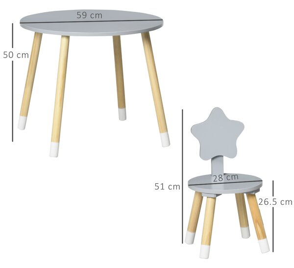 Set con Tavolo per Bambini e 2 Sgabelli Salvaspazio con schienale a forma di stella, per 18 mesi a 4 anni, in MDF e legno,Grigio |Aosom Italy