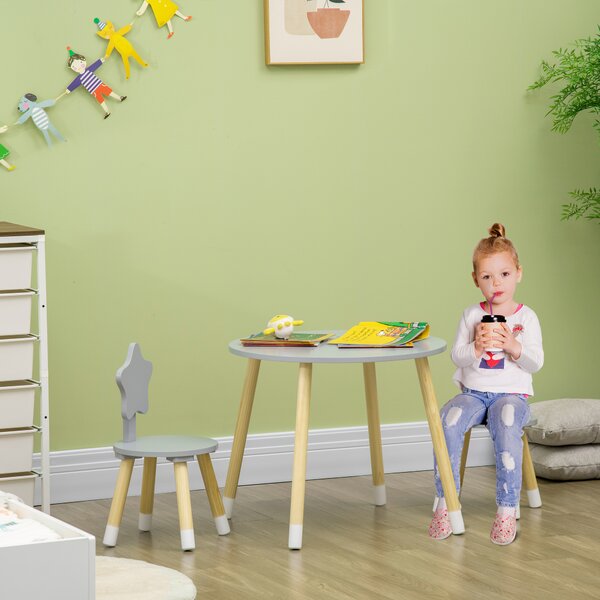 Set con Tavolo per Bambini e 2 Sgabelli Salvaspazio con schienale a forma di stella, per 18 mesi a 4 anni, in MDF e legno,Grigio |Aosom Italy