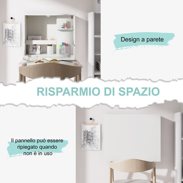 HOMCOM Scrivania a Muro Pieghevole e Salvaspazio con Ripiani, per Studio, Soggiorno e Ufficio, in Truciolato e MDF, 60x21.5x50 cm, Bianco|Aosom