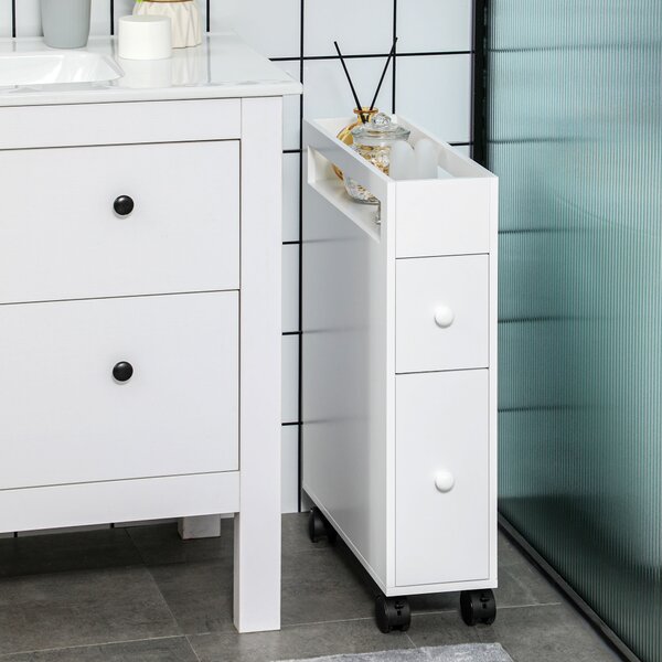 Kleankin Mobiletto Bagno Salvaspazio con 4 Ruote, 2 Cassetti e Ripiano aperto, 16x49.5x66cm, Bianco|Aosom