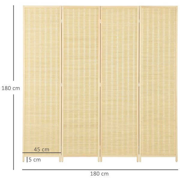 HOMCOM Paravento da Interno a 4 Ante Pieghevole in Legno e Bambù Altezza 180cm, Colore Naturale|Aosom