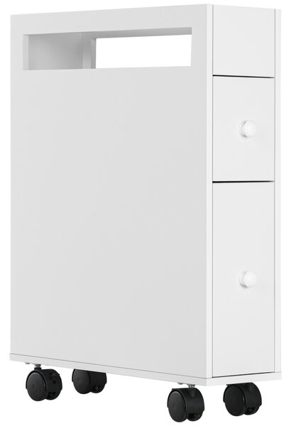Kleankin Mobiletto Bagno Salvaspazio con 4 Ruote, 2 Cassetti e Ripiano aperto, 16x49.5x66cm, Bianco|Aosom