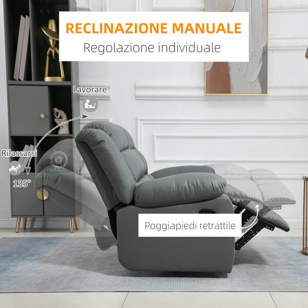 HOMCOM Divano 2 Posti Reclinabile di 135° e Imbottito con Schienale Diviso e Poggiapiedi Incluso, in Pelle PVC e Acciaio, 168x93x102 cm, Grigio|Aosom