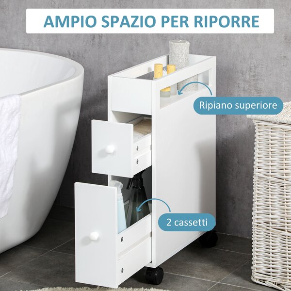Kleankin Mobiletto Bagno Salvaspazio con 4 Ruote, 2 Cassetti e Ripiano aperto, 16x49.5x66cm, Bianco|Aosom