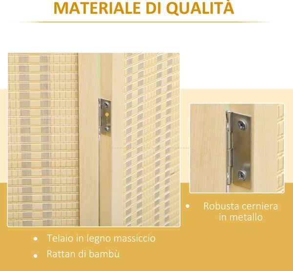 HOMCOM Paravento da Interno a 4 Ante Pieghevole in Legno e Bambù Altezza 180cm, Colore Naturale|Aosom