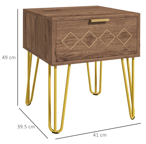 HOMCOM Comodini Moderni Set 2 Pezzi in Truciolato e Acciaio con Cassetto, 39.5x41x49 cm, Marrone