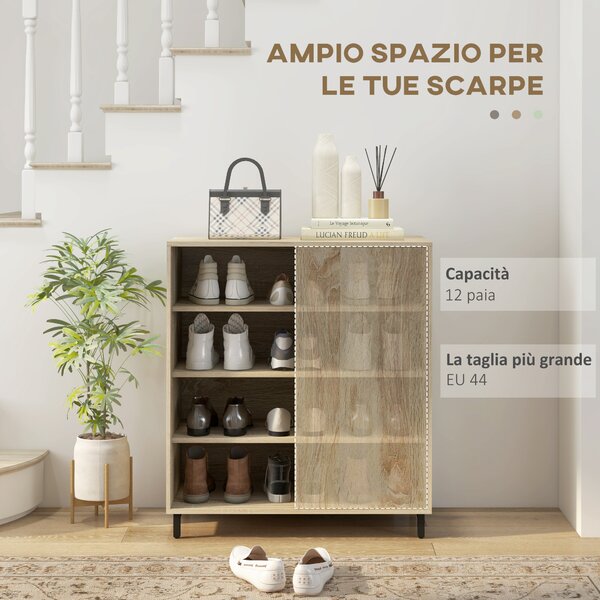 HOMCOM Scarpiera a 4 Livelli in Truciolato e Acciaio con Ripiani Regolabili, Anta Scorrevole, max 12 Paia, 80x40x93 cm, Color Legno | Aosom Italy