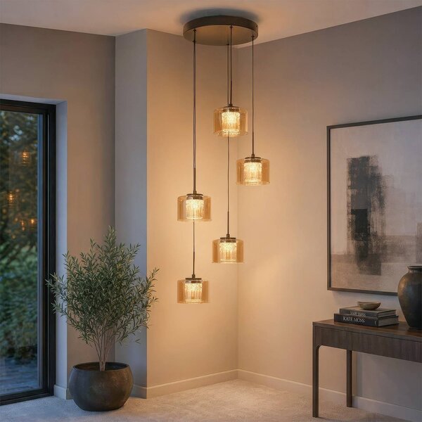 Searchlight Lampada a sospensione Tumblers, dimmerabile, Crema / Ambra, Soggiorno / Sala da pranzo, Alluminio, Lampada a sospensione