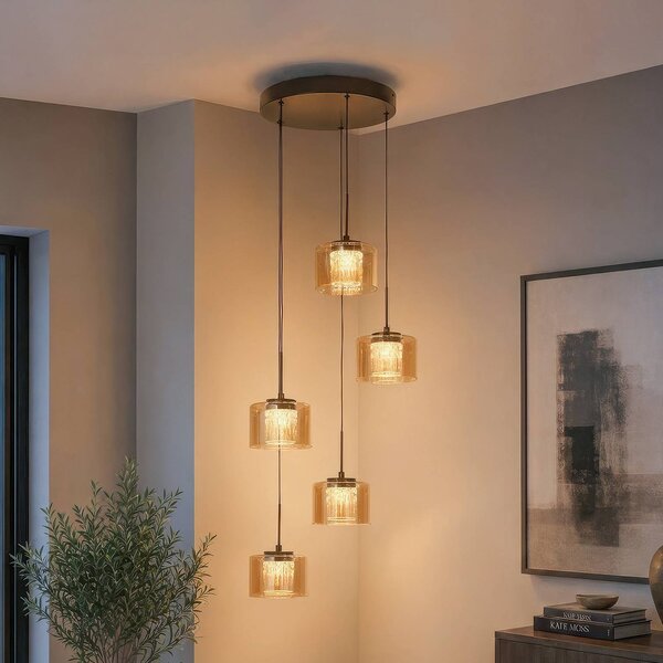 Searchlight Lampada a sospensione Tumblers, dimmerabile, Crema / Ambra, Soggiorno / Sala da pranzo, Alluminio, Lampada a sospensione