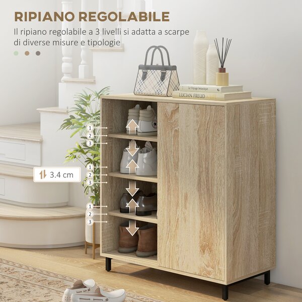 HOMCOM Scarpiera a 4 Livelli in Truciolato e Acciaio con Ripiani Regolabili, Anta Scorrevole, max 12 Paia, 80x40x93 cm, Color Legno | Aosom Italy