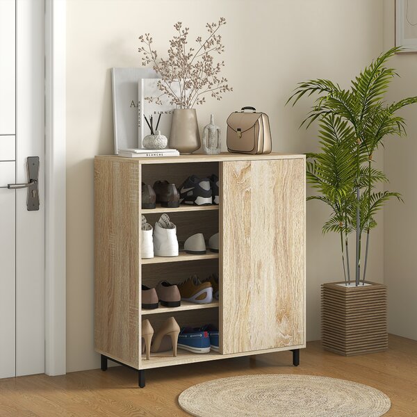 HOMCOM Scarpiera a 4 Livelli in Truciolato e Acciaio con Ripiani Regolabili, Anta Scorrevole, max 12 Paia, 80x40x93 cm, Color Legno | Aosom Italy