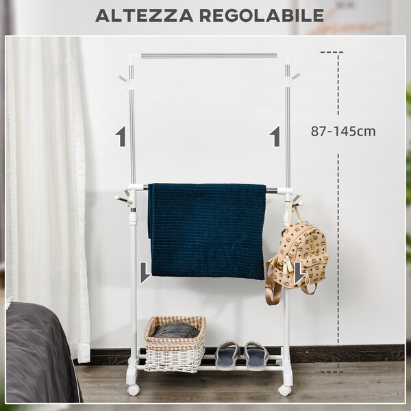 HOMCOM Appendiabiti Stender ad Altezza Regolabile con Fondo Portaoggetti e 4 Ruote, 68.5x42x87-145 cm