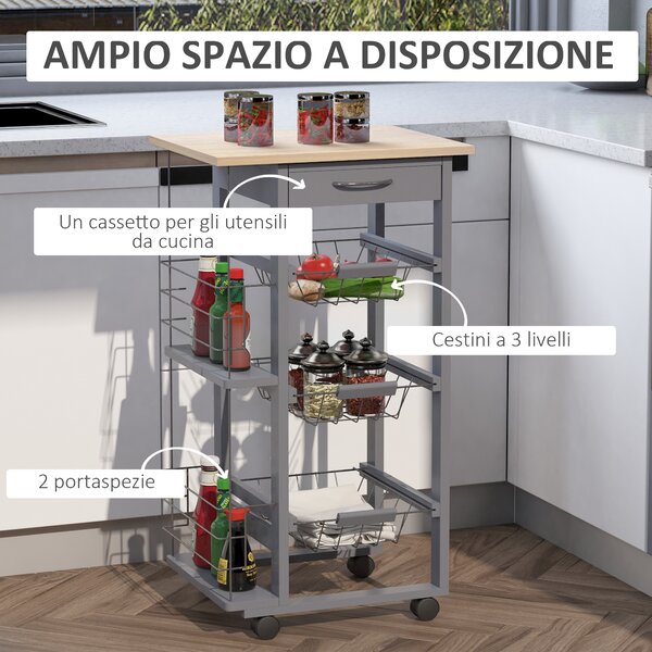 HOMCOM Carrello da Cucina Portafrutta con Ruote Cassetti Estraibili e 2 Portabottiglie, in Legno di Pino e Metallo, 47x37x83cm, bianca|Aosom Italy