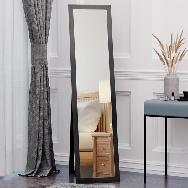 HOMCOM Specchio da Terra e Parete con Supporto Richiudibile in MDF Nero per Arredo Casa e Ufficio Design Elegante e Moderno|Aosom