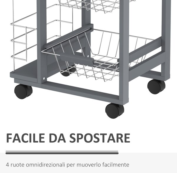 HOMCOM Carrello da Cucina Portafrutta con Ruote Cassetti Estraibili e 2 Portabottiglie, in Legno di Pino e Metallo, 47x37x83cm, bianca|Aosom Italy
