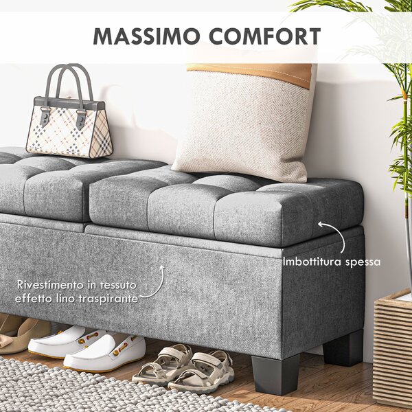 HOMCOM Cassapanca Contenitore in Tessuto con Imbottitura Trapuntata e Cerniera, per Fondoletto e ingresso, 116x41x47cm, Grigio|Aosom Italy
