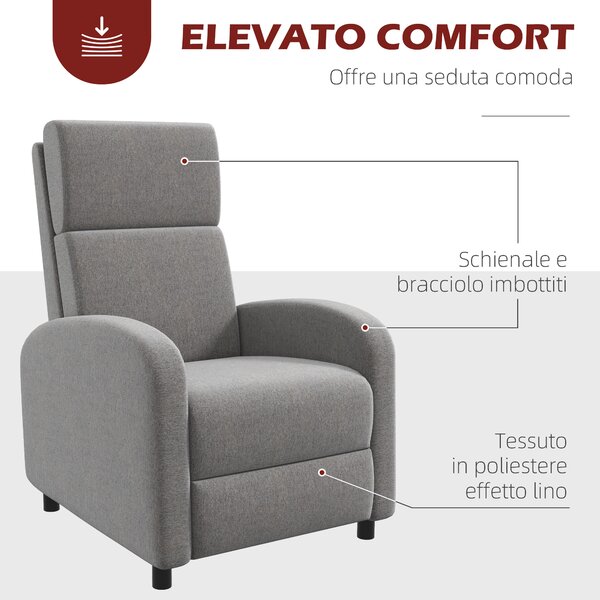 HOMCOM Poltrona Relax Reclinabile Manualmente con Braccioli Quadrati e Poggiapiedi, Imbottita e in Tessuto Lino, 64x86x102 cm, Grigio | Aosom Italy