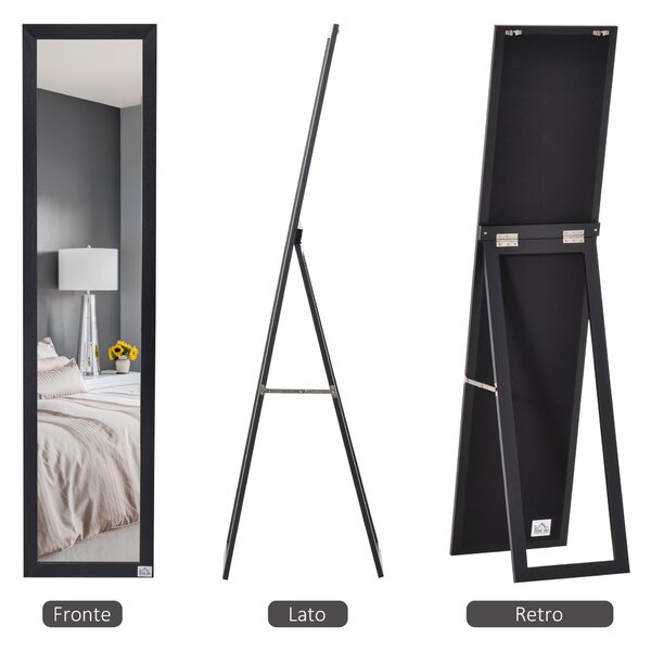 HOMCOM Specchio da Terra e Parete con Supporto Richiudibile in MDF Nero per Arredo Casa e Ufficio Design Elegante e Moderno|Aosom