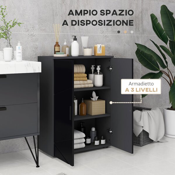 Kleankin Mobiletto Bagno 2 Ante con rivestimento di protezione dall'acqua, Armadietto con 3 ripiani e Chiusura Ammortizzata, Legno, Nero|Aosom Italy