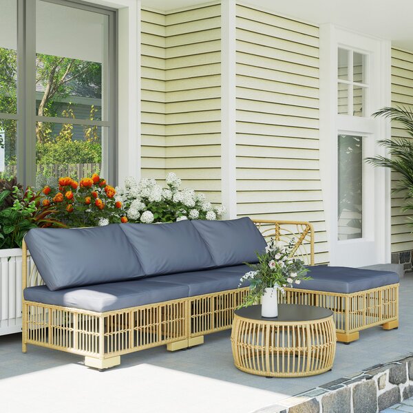 Outsunny Set Salotto in Rattan da Giardino con Divano Modulabile, Cuscini e Tavolino da Caffè, Grigio
