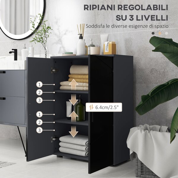 Kleankin Mobiletto Bagno 2 Ante con rivestimento di protezione dall'acqua, Armadietto con 3 ripiani e Chiusura Ammortizzata, Legno, Nero|Aosom Italy
