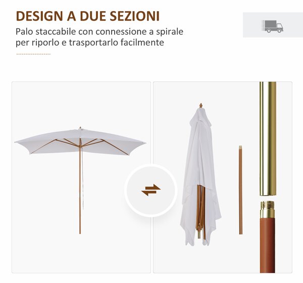 Outsunny Ombrellone m da Giardino 2x3 in Legno Laccato con Copertura Rimovibile, Bianco|Aosom
