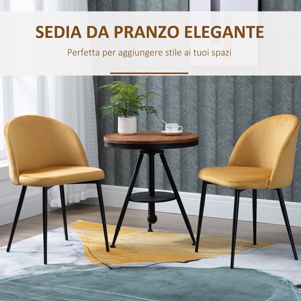 HOMCOM Set di 2 Sedie per Sala da Pranzo e Cucina Imbottite in Velluto, 49x50x77cm, Giallo|Aosom