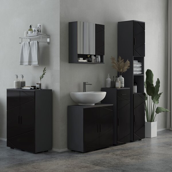 Kleankin Mobiletto Bagno 2 Ante con rivestimento di protezione dall'acqua, Armadietto con 3 ripiani e Chiusura Ammortizzata, Legno, Nero|Aosom Italy