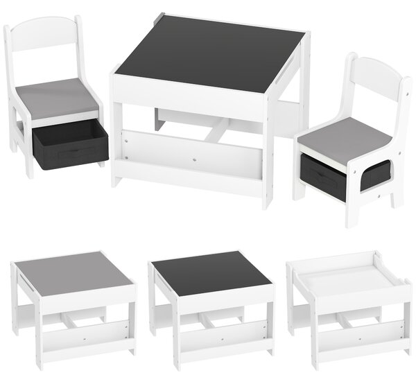 HOMCOM Set Tavolino per Bambini e 2 Sedie, Piano del Tavolo 2 in 1 con Lavagna e Contenitori, Grigio|Aosom