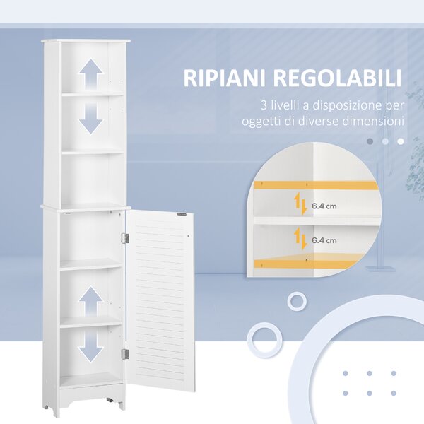 HOMCOM Colonna Bagno con Ripiano a 3 Livelli e Armadietto Chiuso, in MDF e Truciolato, 34x20x165 cm, Bianco|Aosom
