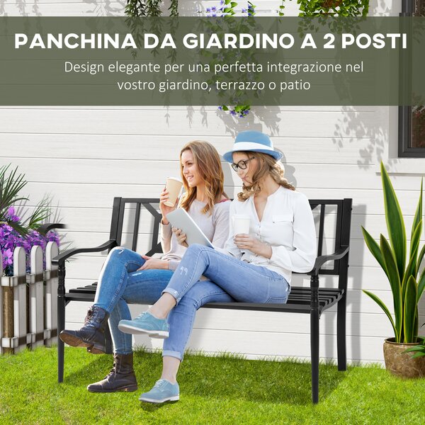 Outsunny Panchina da Giardino in Acciaio a 2 Posti con Schienale Alto e Braccioli, 128x62.5x81.5 cm, Nero|Aosom