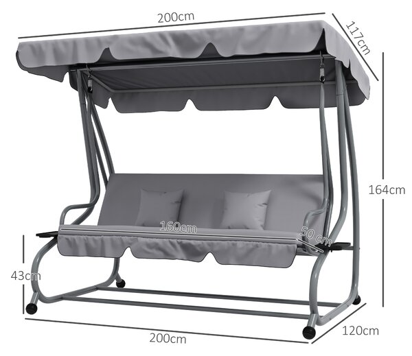 Outsunny Dondolo Letto da Giardino con Tettuccio Regolabile e Vassoi, in Acciaio e Poliestere, 200x120x164 cm, Grigio|Aosom