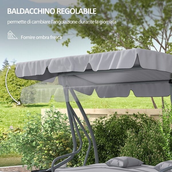 Outsunny Dondolo Letto da Giardino con Tettuccio Regolabile e Vassoi, in Acciaio e Poliestere, 200x120x164 cm, Grigio|Aosom