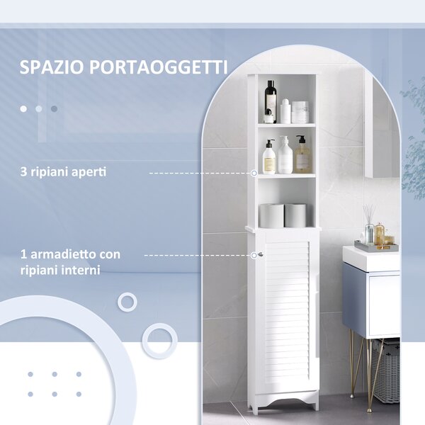 HOMCOM Colonna Bagno con Ripiano a 3 Livelli e Armadietto Chiuso, in MDF e Truciolato, 34x20x165 cm, Bianco|Aosom